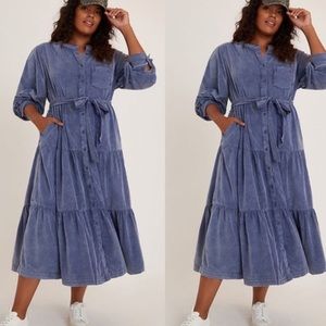 Anthropologie Pilcro Marta Long Sleeve Blue Corduroy Midi Dress